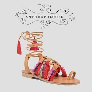 Barbara Barbieri Red Multi Tassel & Pom Pom Leather Gladiator Sandal 8.5